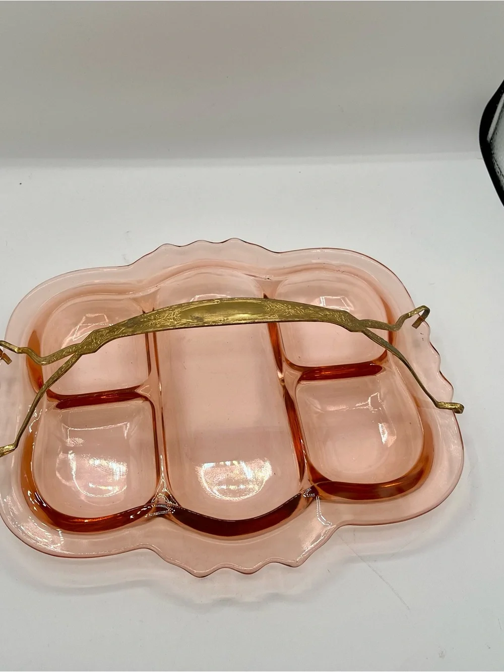 Vintage Pink Glass Divided Serving Tray with Handle from